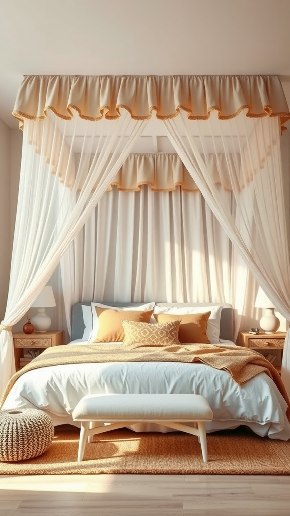 A cozy bedroom featuring a layered canopy with sheer and solid fabrics, warm tones, and decorative pillows.