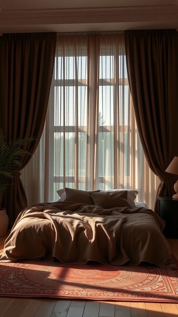 A cozy bedroom with chocolate hues, featuring a rumpled bed, layered curtains, and a soft area rug