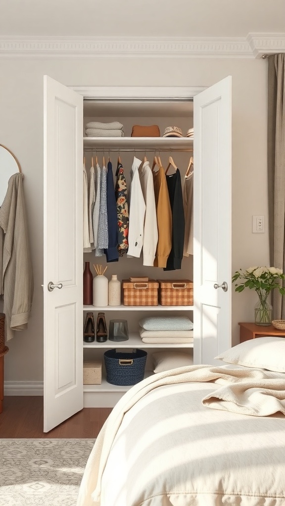 A well-organized open wardrobe displaying layered clothing and storage boxes.