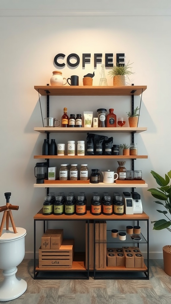 Stylish layered coffee shelf design with various coffee items and decor