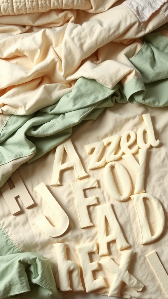 A layered cream and sage bedspread with various textures and letters scattered on it.