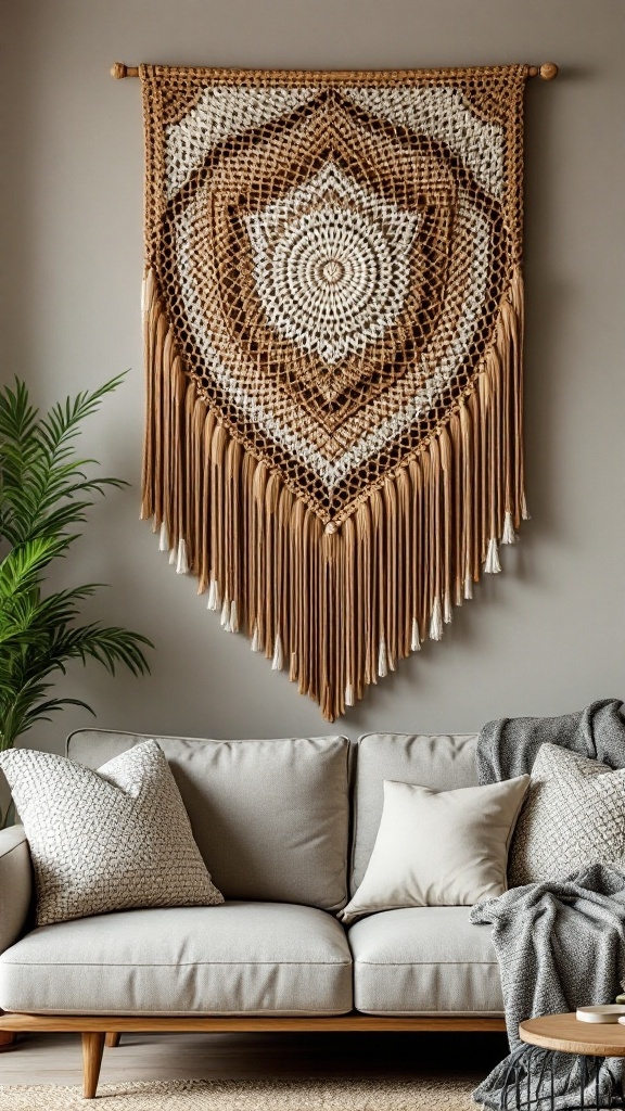 Layered crochet wall art with fringe hung above a light-colored couch.