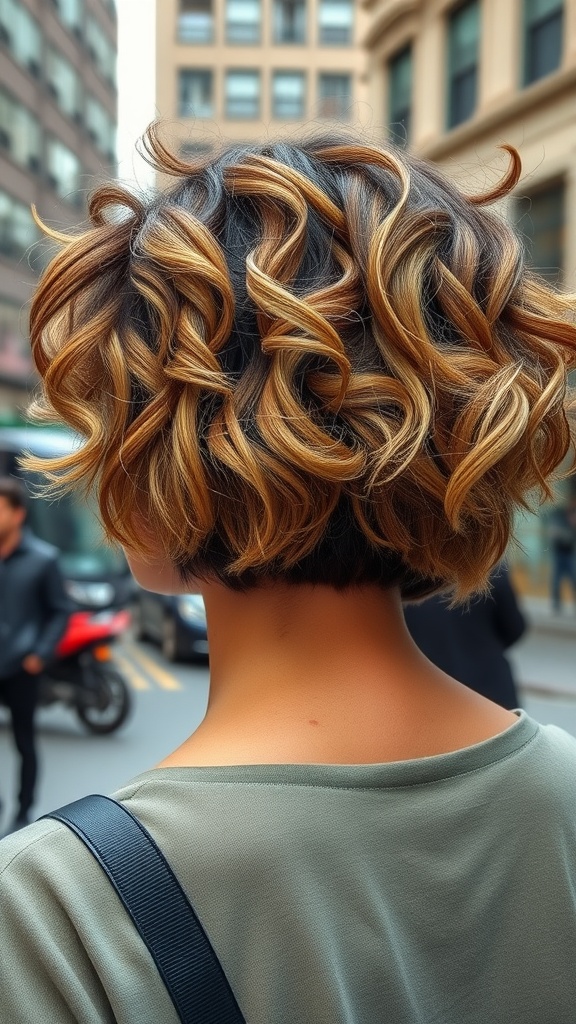 A layered curly bob hairstyle showcasing defined curls and warm highlights.