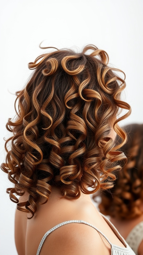 A woman showcasing a layered curly shag hairstyle with bouncy curls and warm highlights.