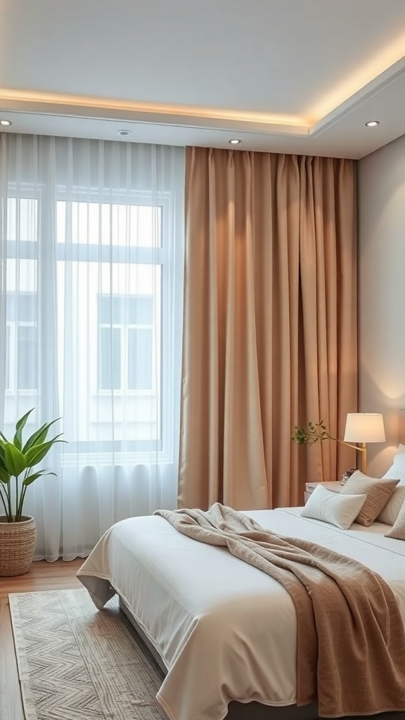 A kitchen with layered curtains featuring sheer and solid fabrics, creating a warm and inviting atmosphere.