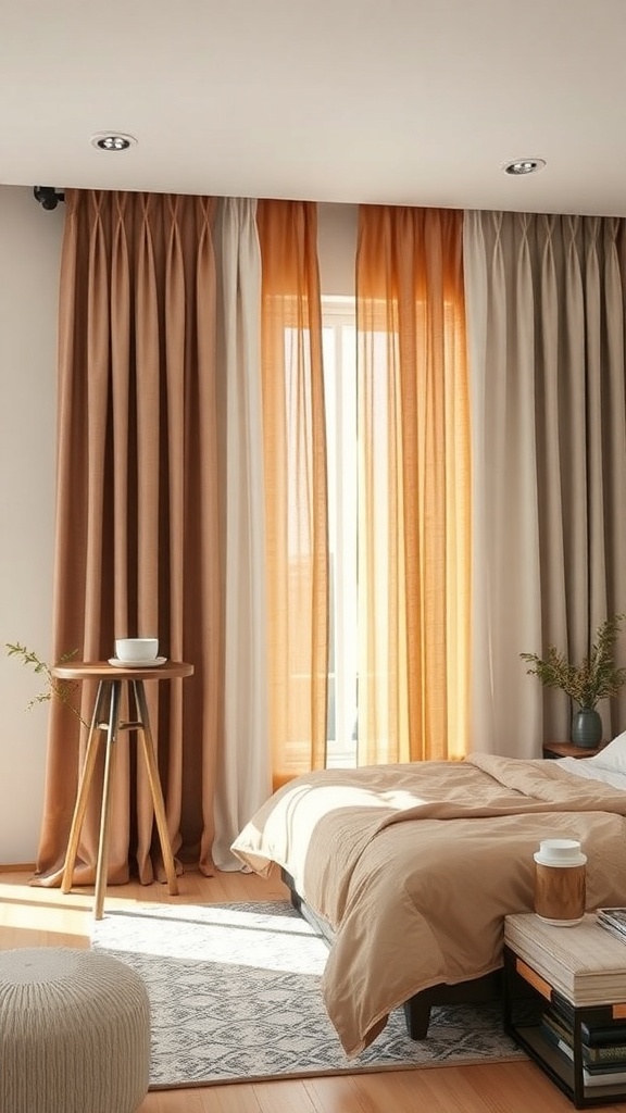 A bedroom featuring layered curtains in orange, beige, and cream colors, with a cozy bed and a small table.