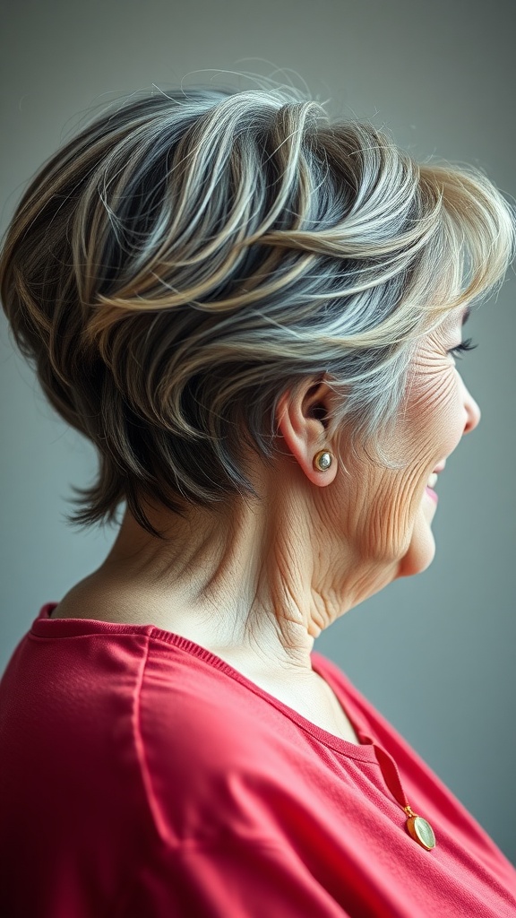 A stylish older woman with a layered haircut and face-framing highlights, smiling and wearing a red top.