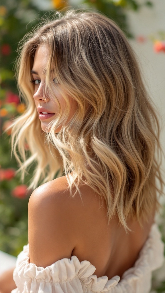 A woman with medium layered hair featuring summer highlights, looking over her shoulder