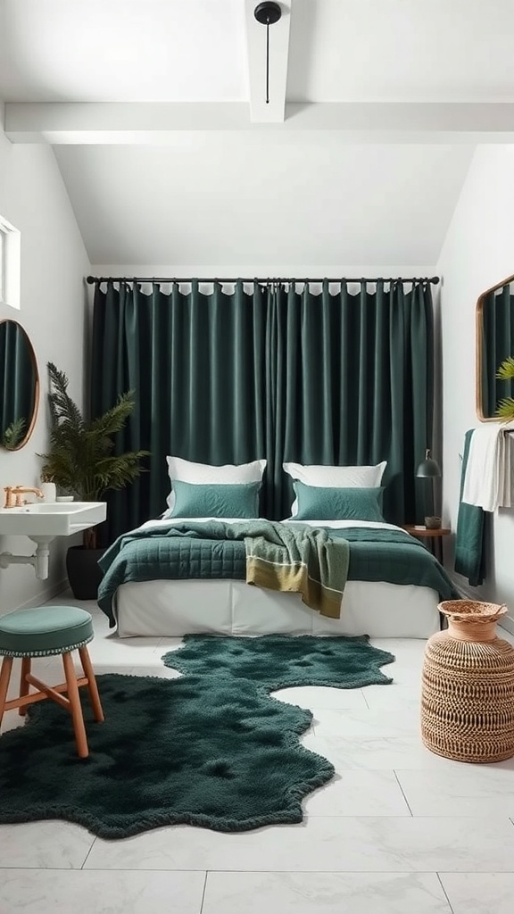 A stylish bathroom featuring layered dark green textiles including curtains, bedding, and a rug.