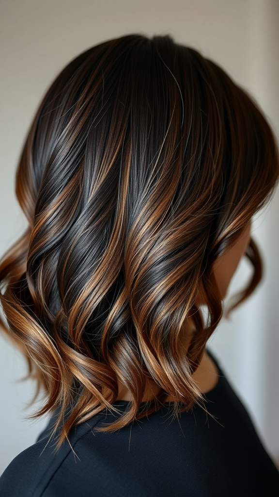 A close-up view of layered deep wave hairstyle with a side part, showcasing rich dark and light brown highlights.