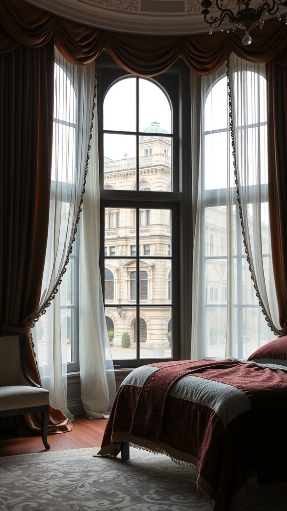 A beautifully styled bedroom with layered drapes framing a large window, showcasing intricate architecture outside.