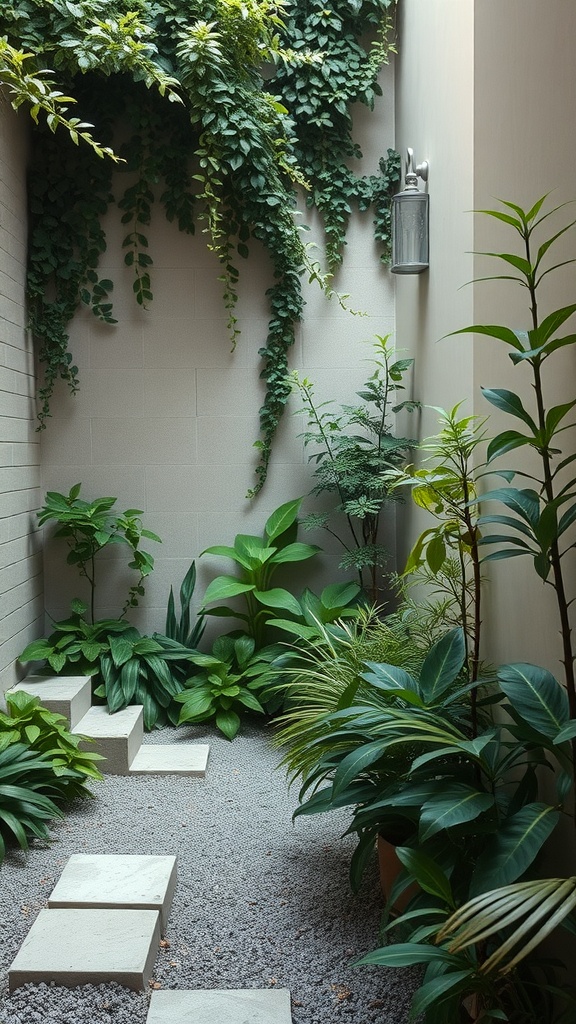 A small courtyard garden with layered foliage of various plants and a stone pathway.