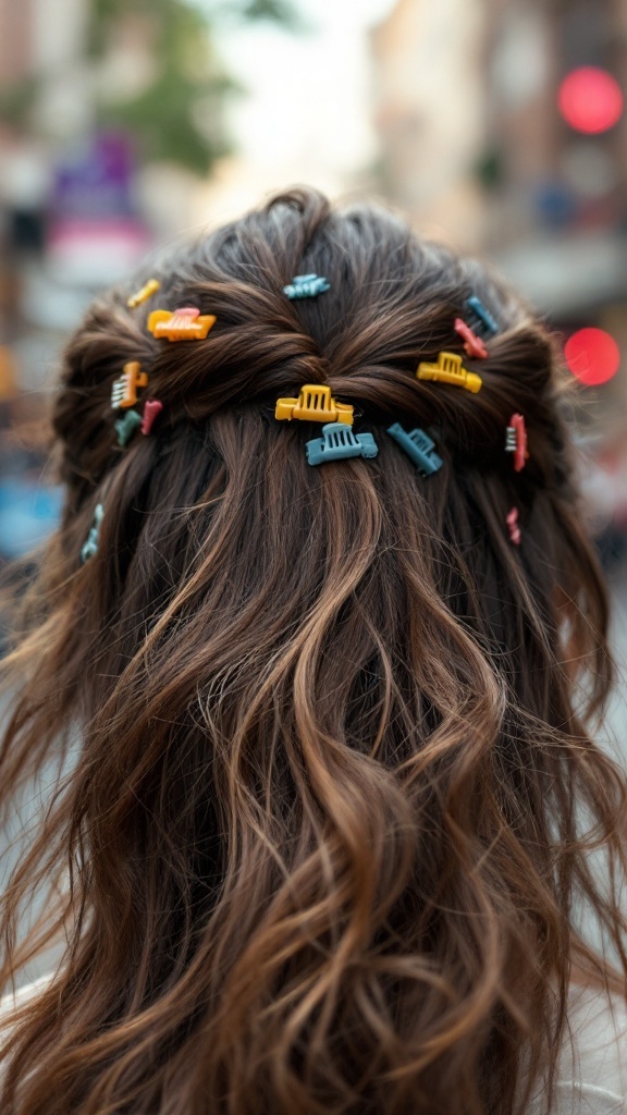 A back view of a woman with long, layered hair styled with colorful claw clips.