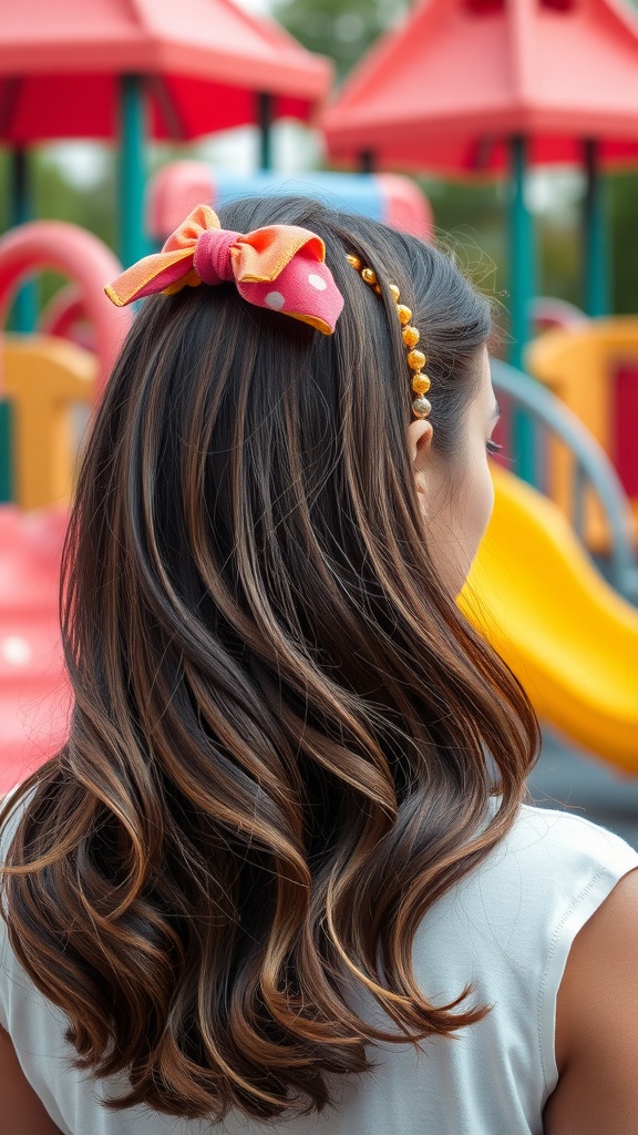 A girl with layered hair styled with a colorful polka-dot headband in a playground setting.