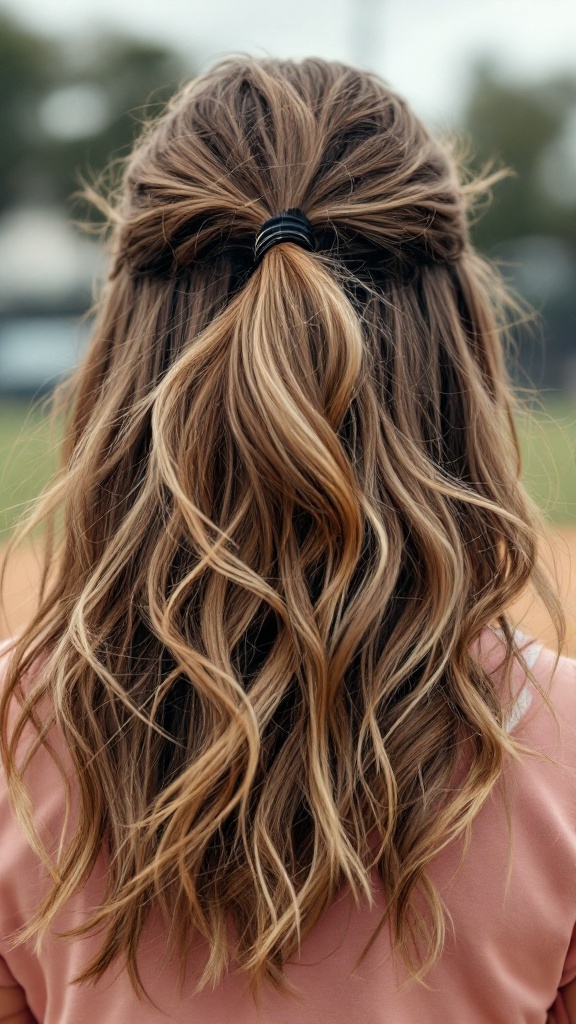 A woman with layered hair styled in soft waves, tied in a half ponytail while on a softball field.