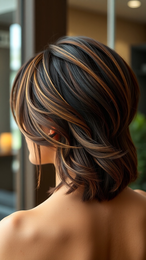 A close-up view of layered hair featuring a bold side part and highlighted strands.