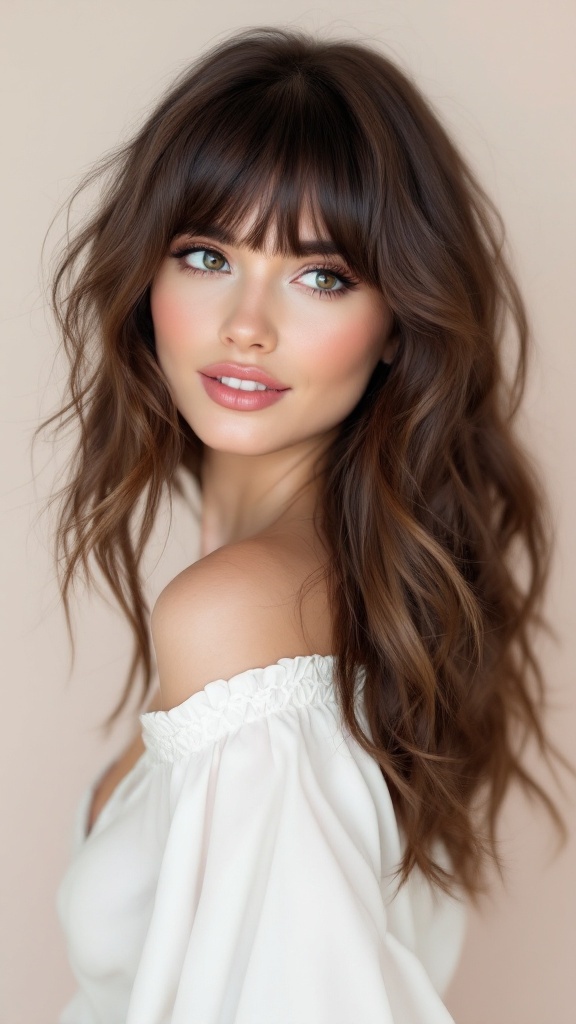 A woman with layered hair and choppy bangs, showcasing a casual and stylish bridesmaid hairstyle.