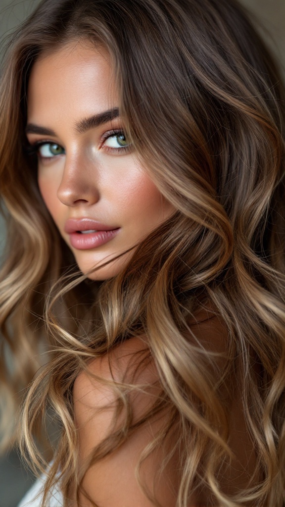 A woman with medium length layered hair styled in soft waves, featuring face-framing pieces