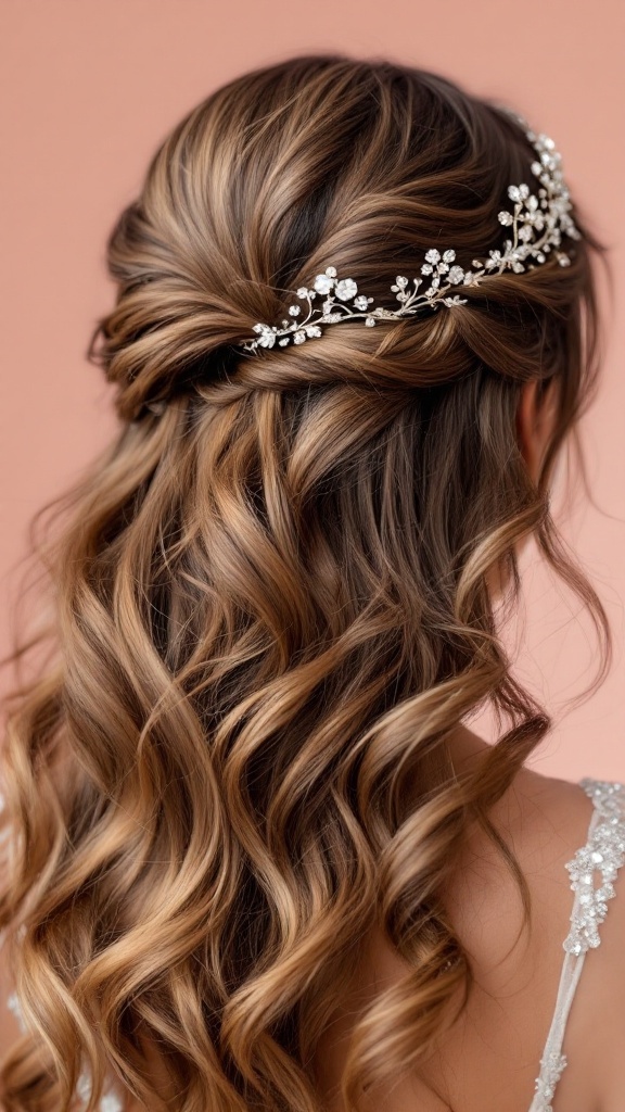 Layered hair styled with a glittery crown for a wedding look.