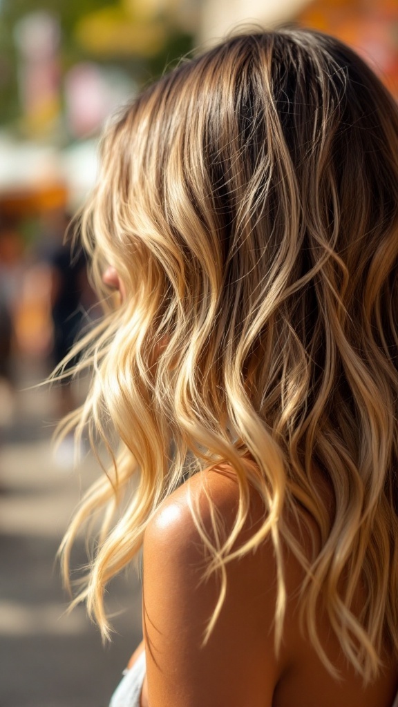 Close-up of layered hair with highlights in a boho style