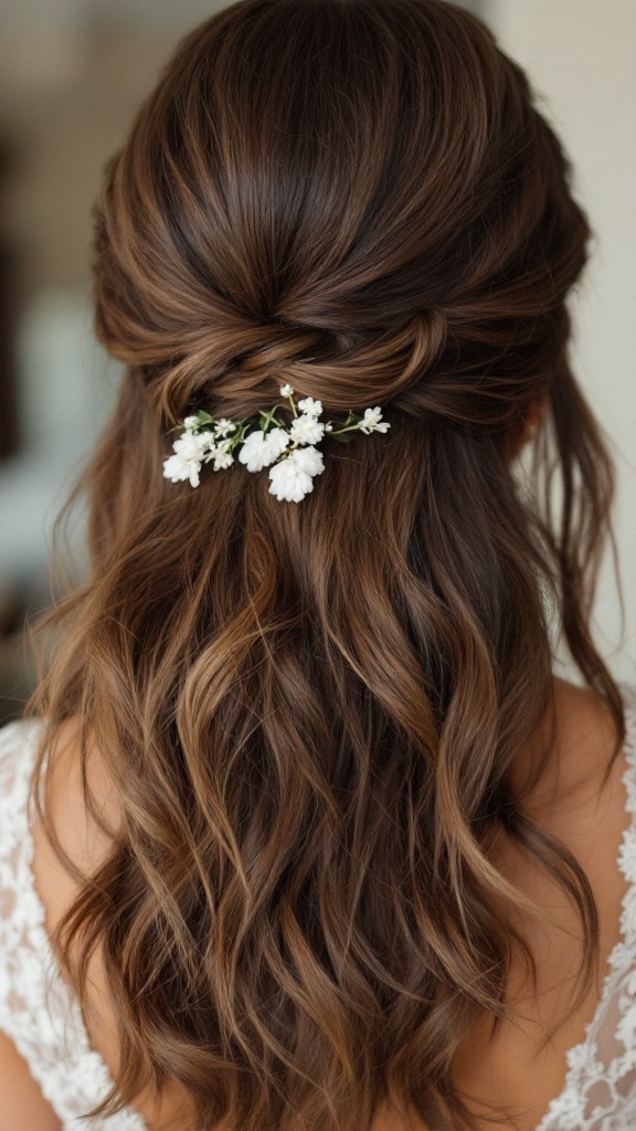 A hairstyle featuring layered hair with soft fringe and a floral accent.