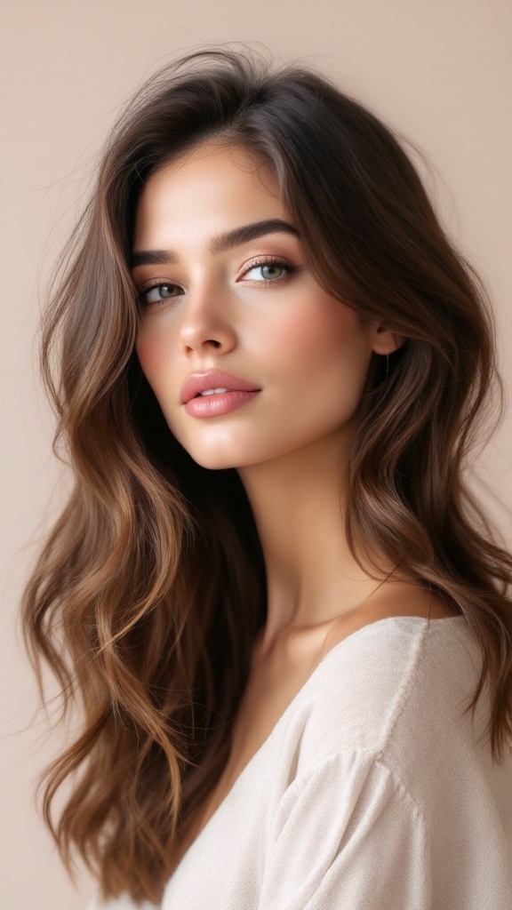 A woman with layered medium-length hair styled with soft volume and gentle waves.