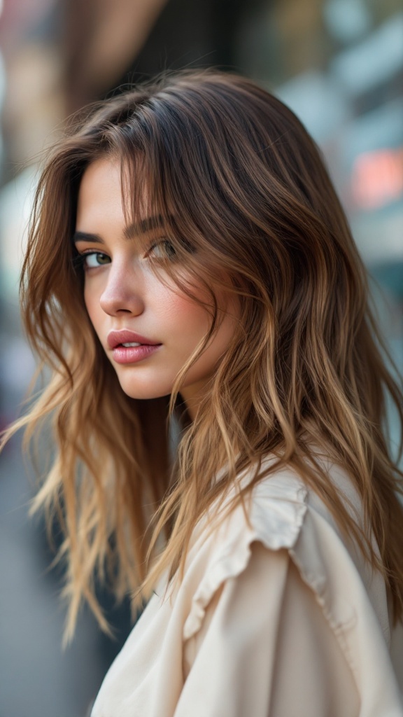 A woman with long layered medium length hair, featuring a subtle undercut, styled in soft waves.