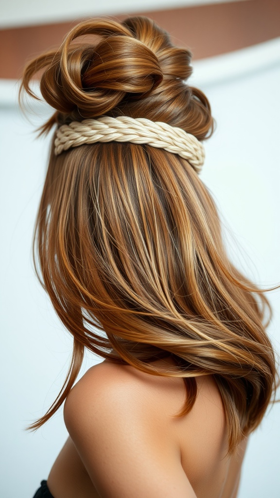 A woman with layered hair styled with a textured headband