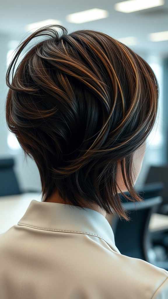 A layered haircut showing the back view of a woman in a professional setting.