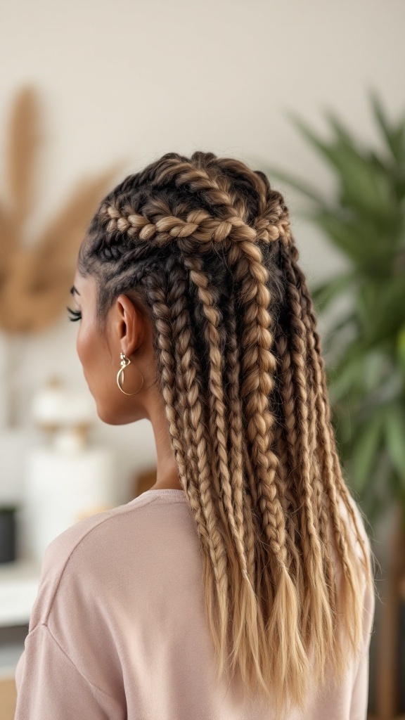 Woman with layered knotless braids styled beautifully with a color gradient.