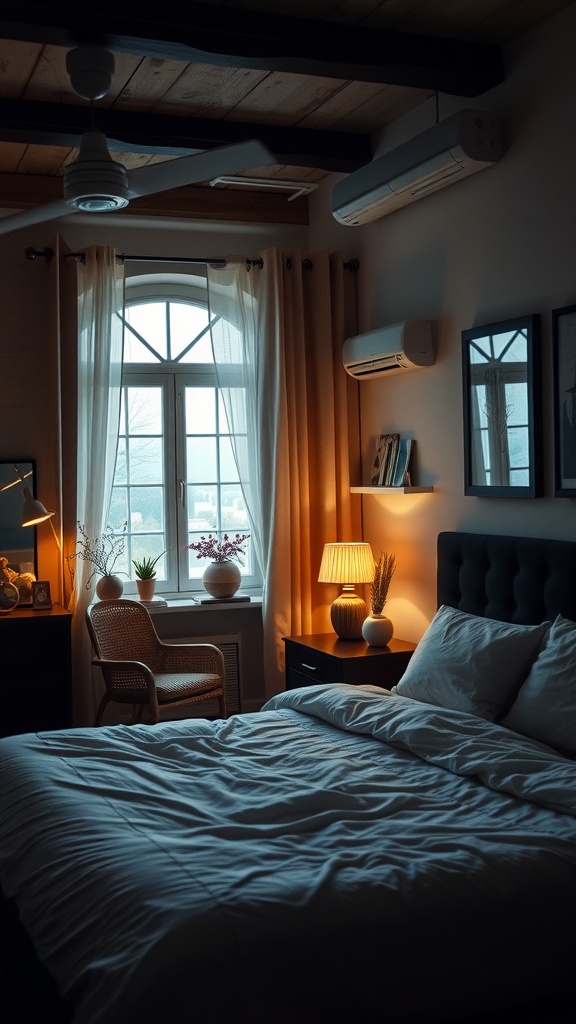 A cozy bedroom with layered lighting, featuring a warm bedside lamp, natural light from a window, and decorative plants.