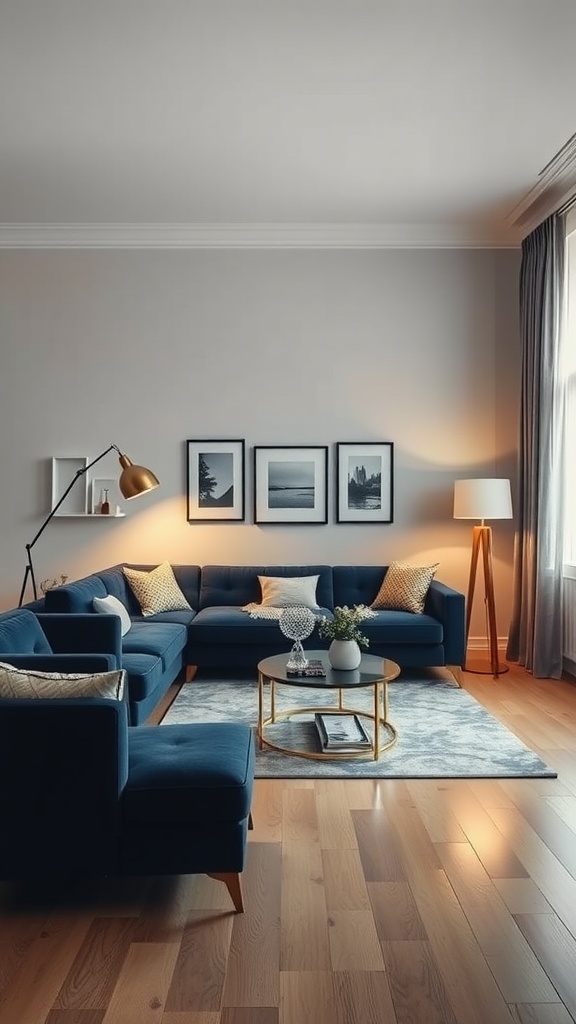 Navy blue sofa in a living room with layered lighting effects, showcasing a cozy atmosphere.