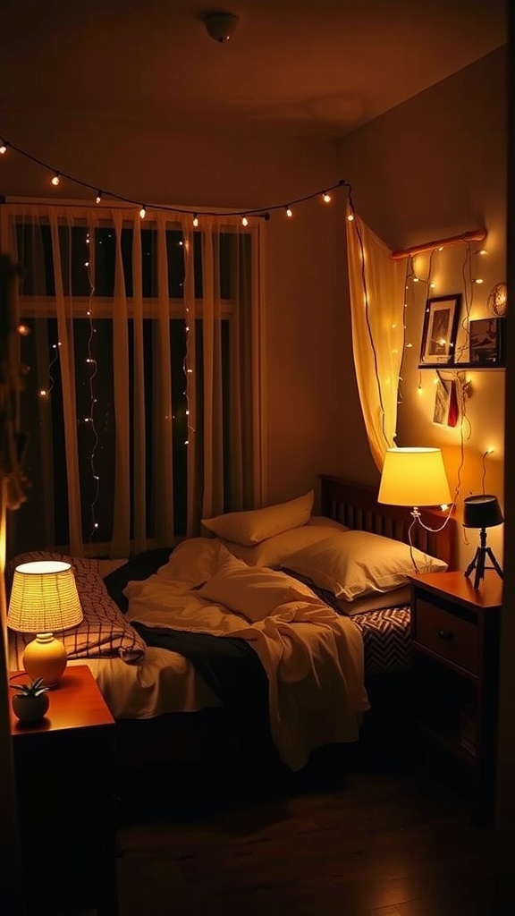 Cozy small bedroom with layered lighting from lamps and string lights.