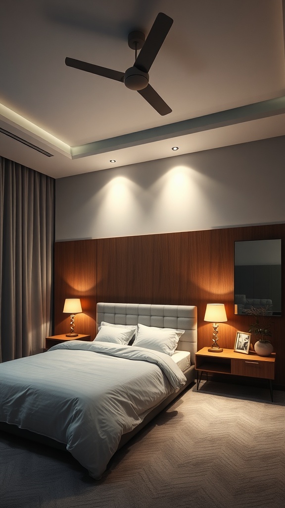 An L-shaped bedroom featuring layered lighting with a ceiling fan, recessed lights, and table lamps, creating a warm and inviting atmosphere.