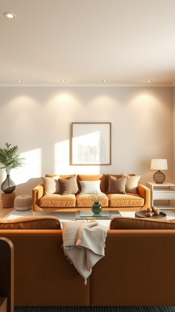 A cozy living room featuring a brown sofa, layered lighting, and decorative elements.