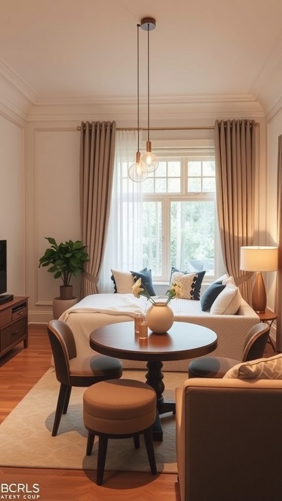 A cozy small living room and dining room combo featuring layered lighting with natural light from a window and stylish pendant lights.