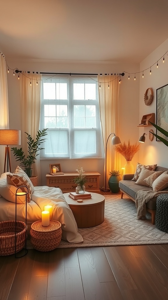 A cozy boho living room with layered lighting, featuring a floor lamp, candles, and string lights.