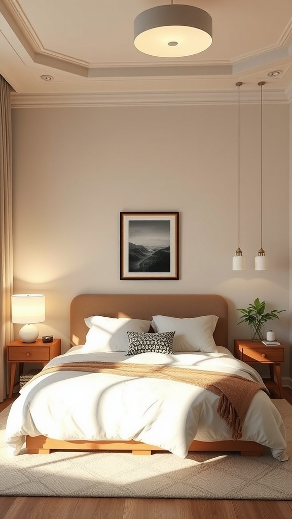 A small square bedroom with layered lighting, featuring a central ceiling light, bedside lamps, and pendant lights.