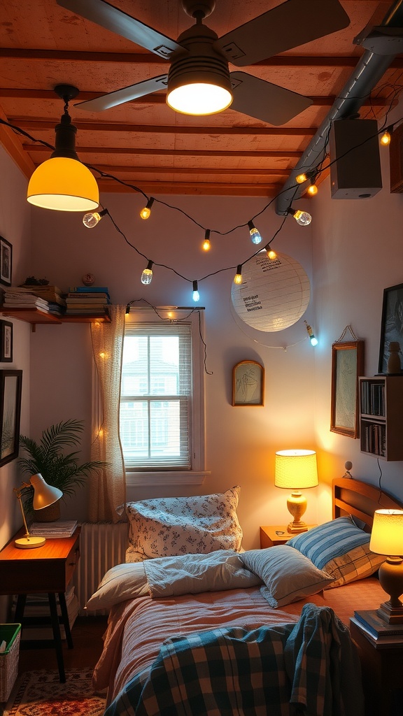 A cozy box room bedroom with layered lighting, showcasing a ceiling fan light, bedside lamps, and string lights.