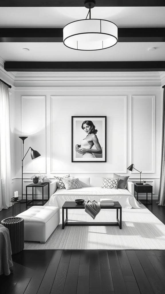 A black and white living room featuring layered lighting with a central ceiling fixture and floor lamps.