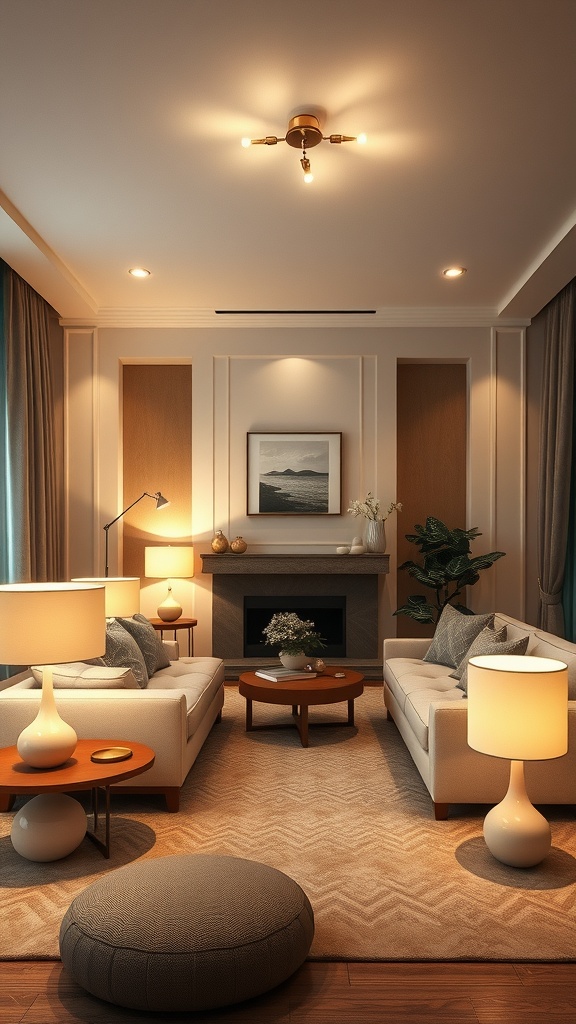 A cozy living room with layered lighting, featuring a ceiling fixture, recessed lights, and table lamps.