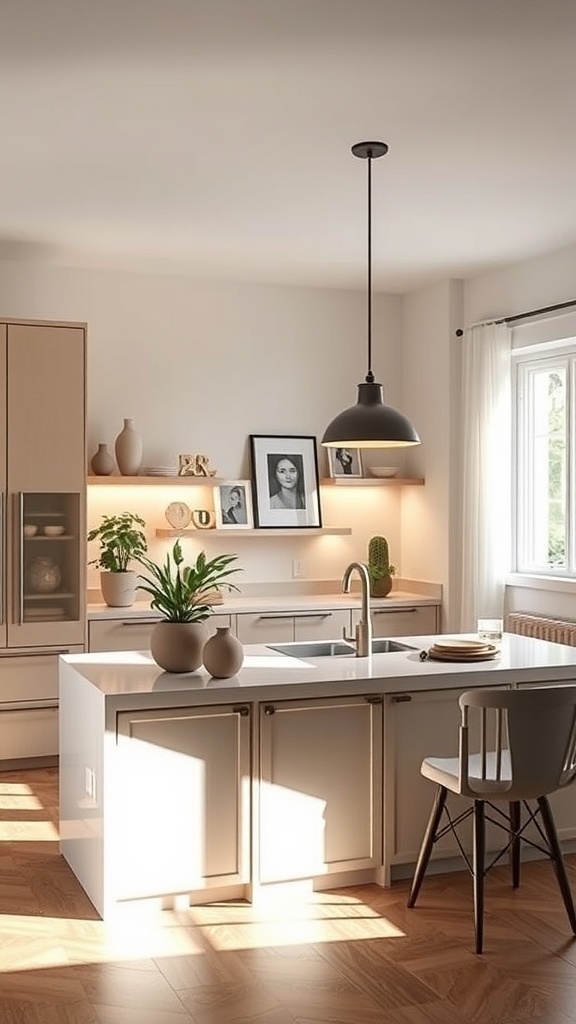 A modern kitchen with layered lighting over an island, featuring a pendant light and illuminated shelves.
