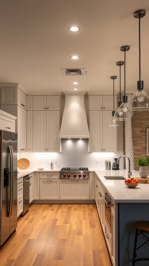 Cozy modern kitchen with layered lighting over the island and recessed lights.