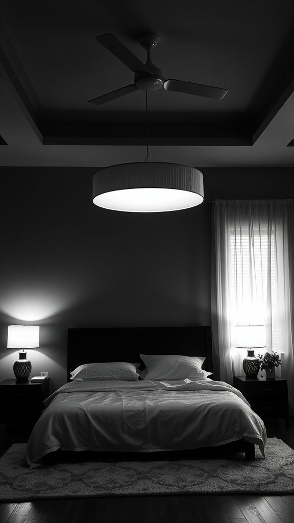 A black and white themed bedroom featuring layered lighting with a pendant light and bedside lamps.
