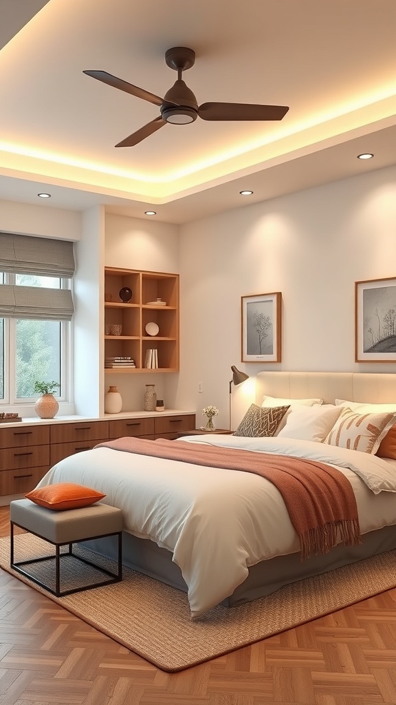 A modern kitchen featuring layered lighting with recessed lights, a ceiling fan, and warm accents.