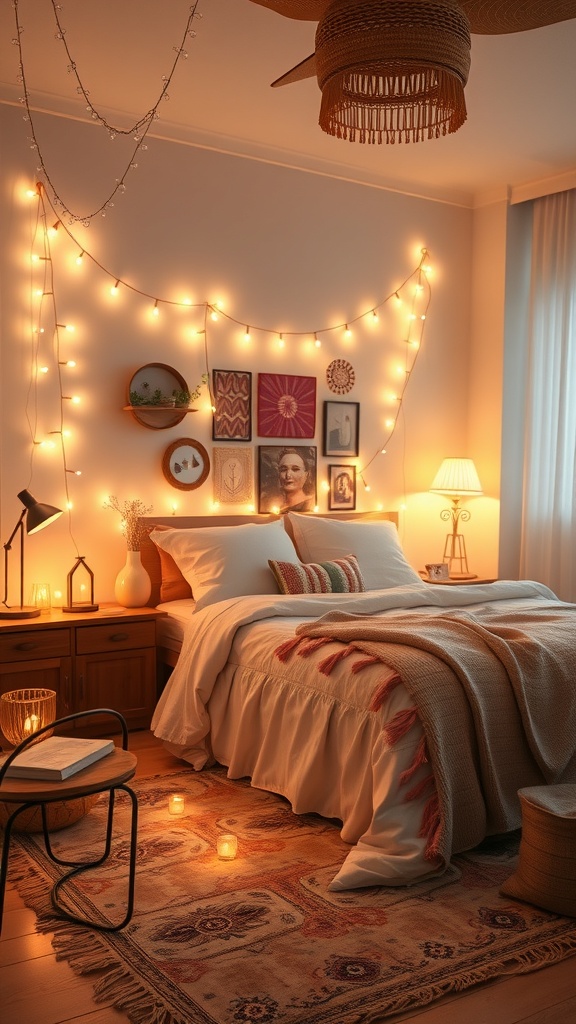 Cozy bohemian bedroom with layered lighting, featuring string lights, a bedside lamp, and candles.