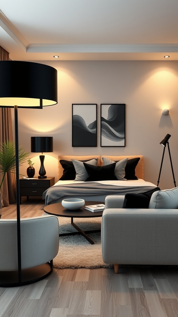 A stylish black living room featuring layered lighting with a floor lamp, bedside lamp, and recessed lights illuminating artwork.