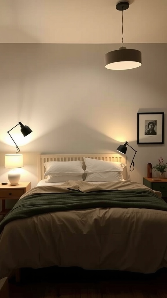 A cozy greige bedroom with layered lighting, featuring bedside lamps and an overhead fixture.