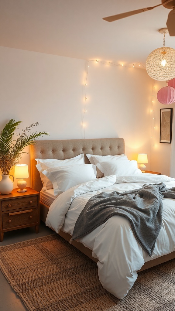 A cozy summer bedroom with layered lighting, featuring bedside lamps, string lights, and a woven pendant light.