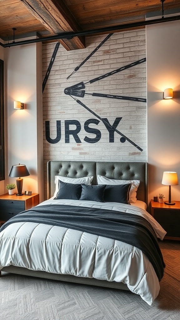 An industrial-style bedroom featuring layered lighting with wall sconces and bedside lamps.